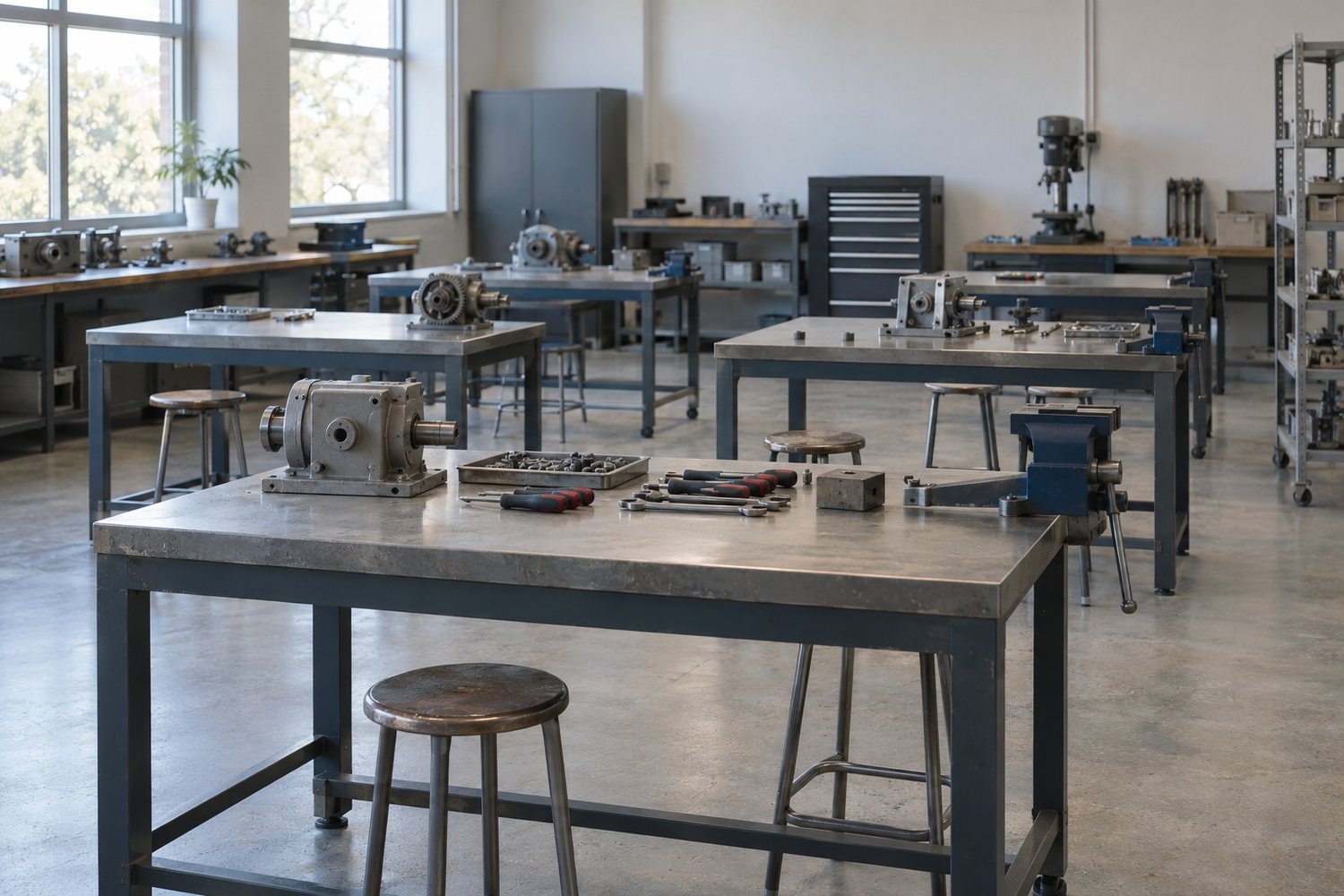 Empty technical classroom with steel workbenches, stools and mechanical equipment.